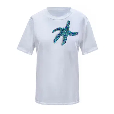 Toma Women's White Cotton T-shirt With Blue Rhinestone Starfish