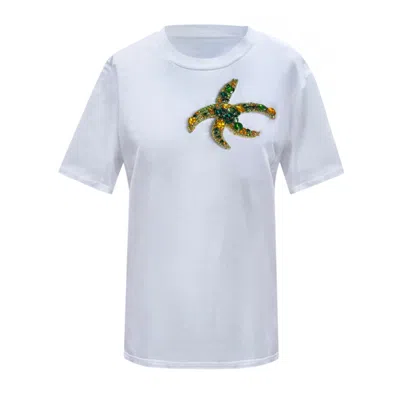 Toma Women's White Cotton T-shirt With Green Yellow Rhinestone Starfish