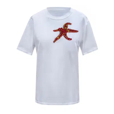 Toma Women's White Cotton T-shirt With Red Rhinestone Starfish