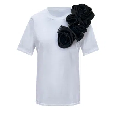 Toma Women's White Flower Summer Black Sided  Roses Cotton T-shirt