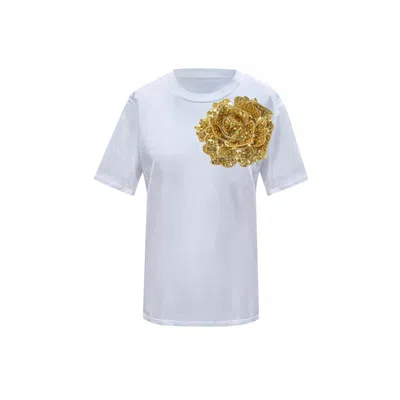 Toma Women's White / Gold Flower Summer Holiday White Cotton T-shirt With Top Side Gold Sequin Rose