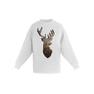 Toma Women's White / Gold Gold Reindeer Christmas Sequin White Sweatshirt