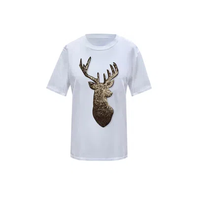 Toma Women's White / Gold Gold Reindeer Christmas Sequin White T-shirt