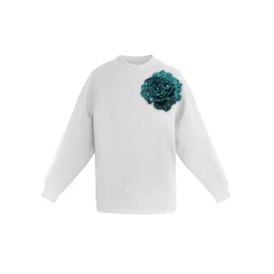 Toma Women's White / Green White Sweatshirt With Top Side Green Sequin Rose