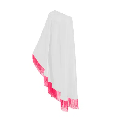 Toma Women's White / Pink Neon Pink Fringe Off Shoulder White Midi Dress