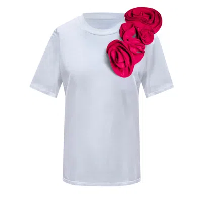 Toma Women's White / Pink / Purple Flower Summer Black Sided Fushia Roses Cotton T-shirt