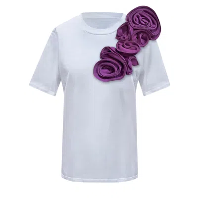 Toma Women's White / Purple Flower Sided Purple Roses White Cotton T-shirt In Multi