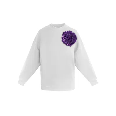 Toma Women's White / Purple White Sweatshirt With Top Side Bright Purple Sequin Rose