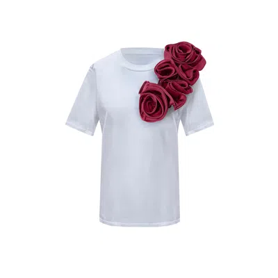 Toma Women's White / Red Flower Burgundy Sided  Roses Cotton T-shirt In Multi
