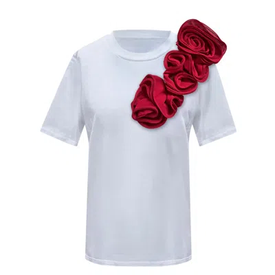 Toma Women's White / Red Flower Sided Burgundy Roses White Cotton T-shirt In Multi