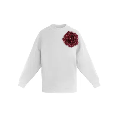 Toma Women's White Sweatshirt With Top Side Burgundy Sequin Rose
