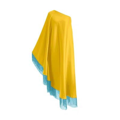 Toma Women's Yellow / Blue Baby Blue Fringe Off Shoulder Glam Yellow Midi Dress
