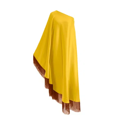 Toma Women's Yellow / Brown Brown Fringe Off Shoulder Summer Glam Maxi Yellow Dress In Multi