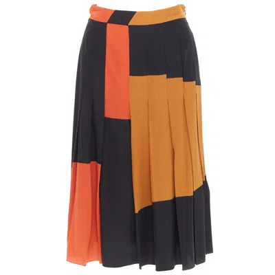 Pre-owned Tomas Maier Bottega Veneta 100% Silk Black Orange Brown Colorblock Pleated Skirt It36 Xxs