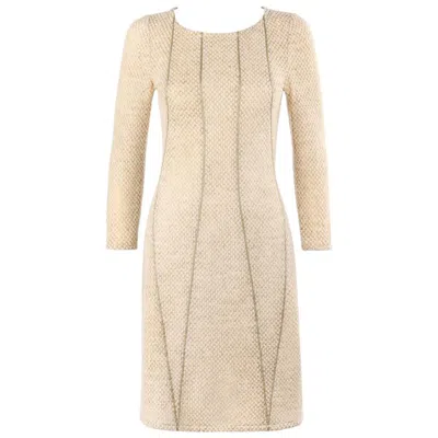 Pre-owned Tomas Maier Bottega Veneta A/w 2011 Biege Textured Wool Gold Piped Panel Cocktail Dress