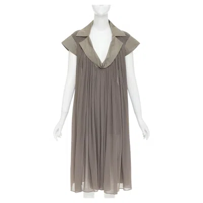 Pre-owned Tomas Maier Bottega Veneta Grey Cotton Chiffon Pleated Plunge Spread Collar Dress It40 S In Gray