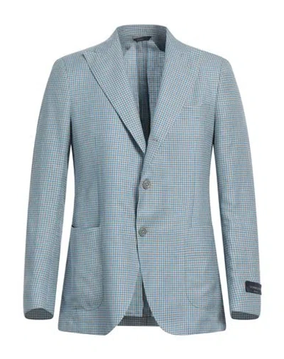 Tombolini Man Blazer Azure Size 42 Virgin Wool, Linen, Silk In Blue