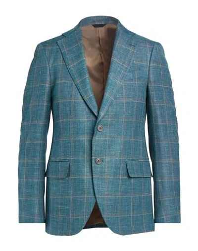 Tombolini Man Blazer Turquoise Size 46 Wool, Silk, Linen, Elastane In Blue