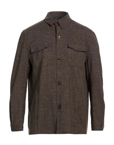Tombolini Man Shirt Chocolate Brown Size 44 Wool, Silk, Linen, Elastane In Blue