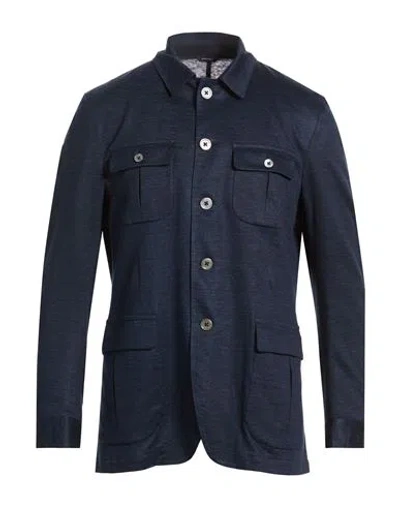 Tombolini Man Shirt Navy Size 46 Linen In Animal Print