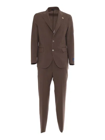 Tombolini Tailored Suit With Notch Lapel And Decorative Pin In Brown