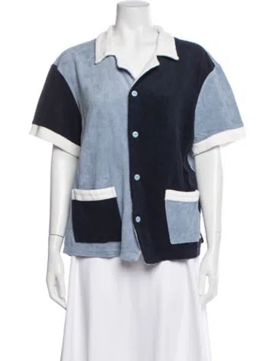 Pre-owned Tombolo Colorblock Pattern Short Sleeve Button-up Top In Blue/white