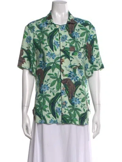 Pre-owned Tombolo Floral Print Short Sleeve Button-up Top In Green