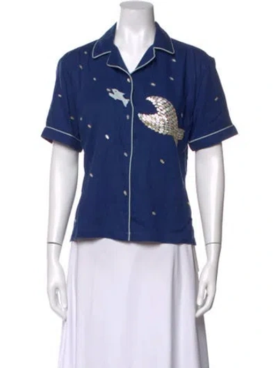 Pre-owned Tombolo Graphic Print Short Sleeve Button-up Top In Blue