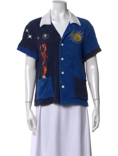 Pre-owned Tombolo Graphic Print Short Sleeve Button-up Top In Blue