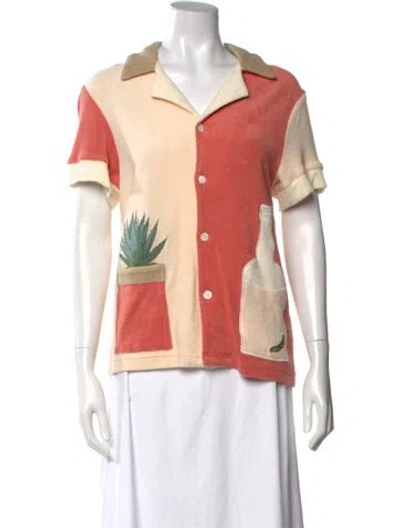 Pre-owned Tombolo Graphic Print Short Sleeve Button-up Top In Neutrals