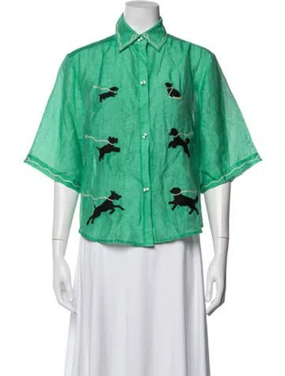 Pre-owned Tombolo Graphic Print Short Sleeve Button-up Top W/ Tags In Blue/green
