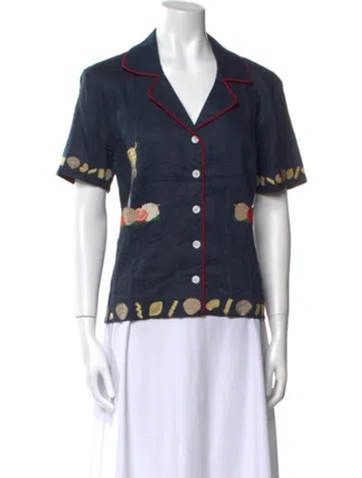 Pre-owned Tombolo Linen Graphic Print Button-up Top In Blue