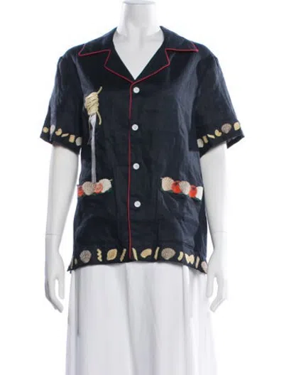 Pre-owned Tombolo Linen Graphic Print Button-up Top In Blue