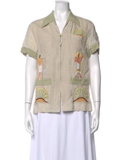 Pre-owned Tombolo Linen Graphic Print Button-up Top In Neutrals