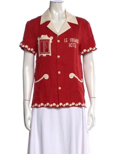 Pre-owned Tombolo Linen Graphic Print Button-up Top In Red