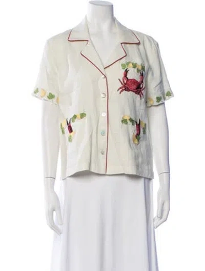 Pre-owned Tombolo Linen Graphic Print Button-up Top In White