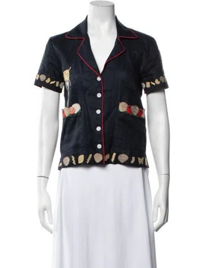 Pre-owned Tombolo Linen Graphic Print Top In Blue