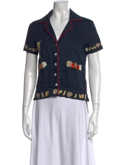 Pre-owned Tombolo Linen Printed Button-up Top In Blue