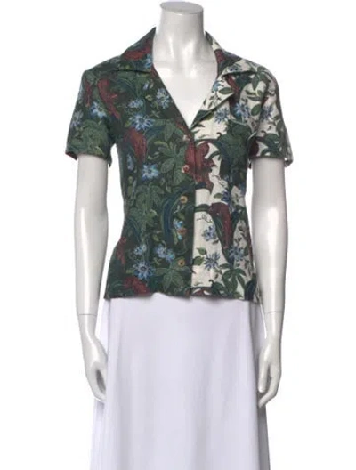 Pre-owned Tombolo Linen Printed Button-up Top In Green