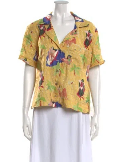 Pre-owned Tombolo Linen Printed Button-up Top In Yellow