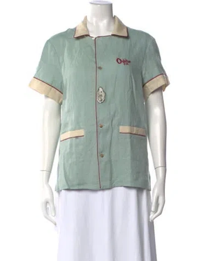 Pre-owned Tombolo Linen Short Sleeve Button-up Top W/ Tags In Green