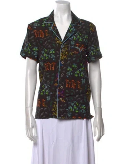 Pre-owned Tombolo Printed Short Sleeve Button-up Top In Black