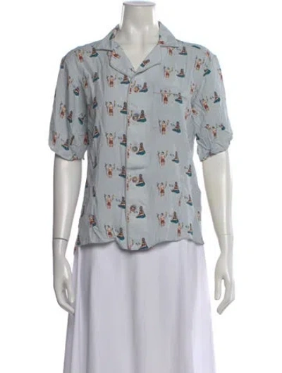 Pre-owned Tombolo Printed Short Sleeve Button-up Top In Blue