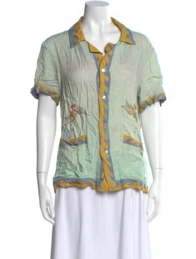 Pre-owned Tombolo Printed Short Sleeve Button-up Top In Green