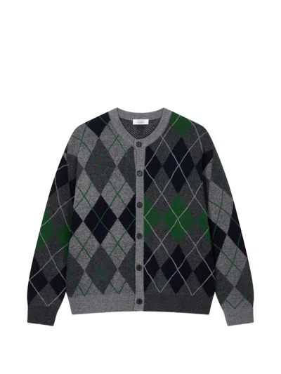 Tomboy Argyle-intarsia Knit Cardigan In Gray