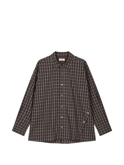 Tomboy Check-pattern Diagonal-button Shirt In Brown