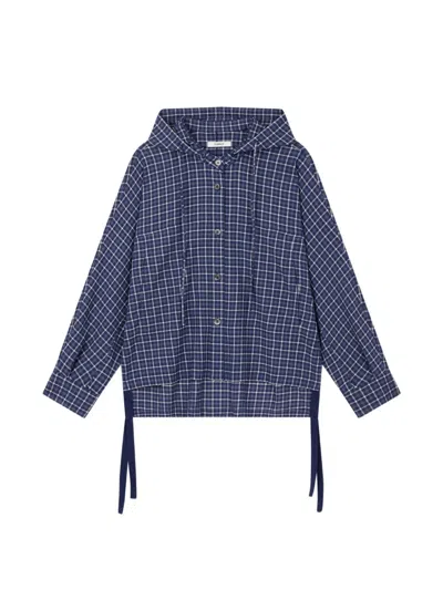 Tomboy Check-pattern Drawstring-hem Hoodie In Blue