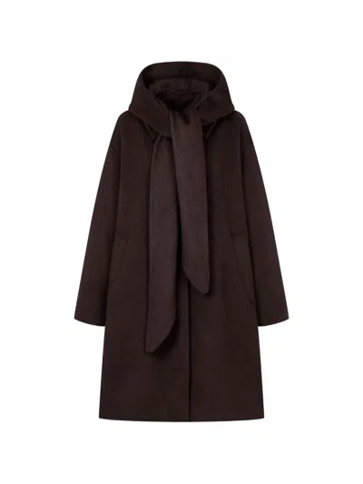 Tomboy Hooded Scarf-detail Coat In Brown