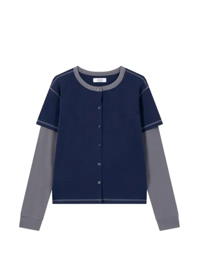 Tomboy Layered Button-down Long-sleeve Cotton Sweatshirt In Blue
