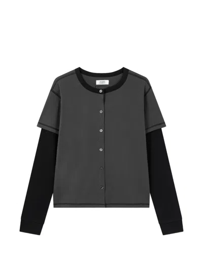 Tomboy Layered Button-down Long-sleeve Cotton Sweatshirt In Black
